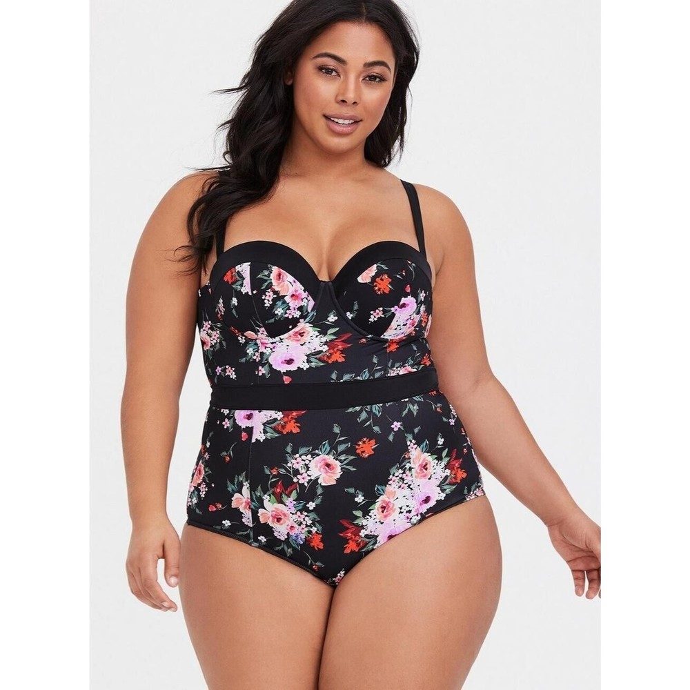 TORRID 5X SUPER SEXY BLACK ROSY SLIM FIX UNDERWIRE PUSHUP ONE PIECE SWIMSUIT EUC